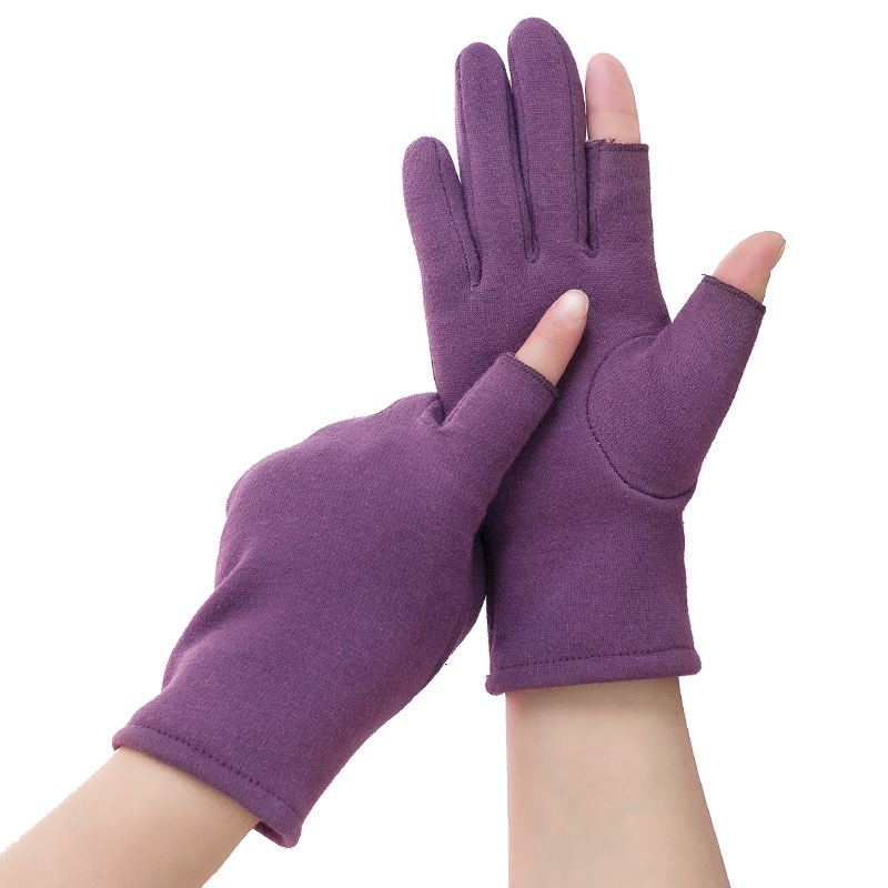 二指棉手套冬天女手指半指保暖露半截两秋冬加绒朋友骑车触屏均码