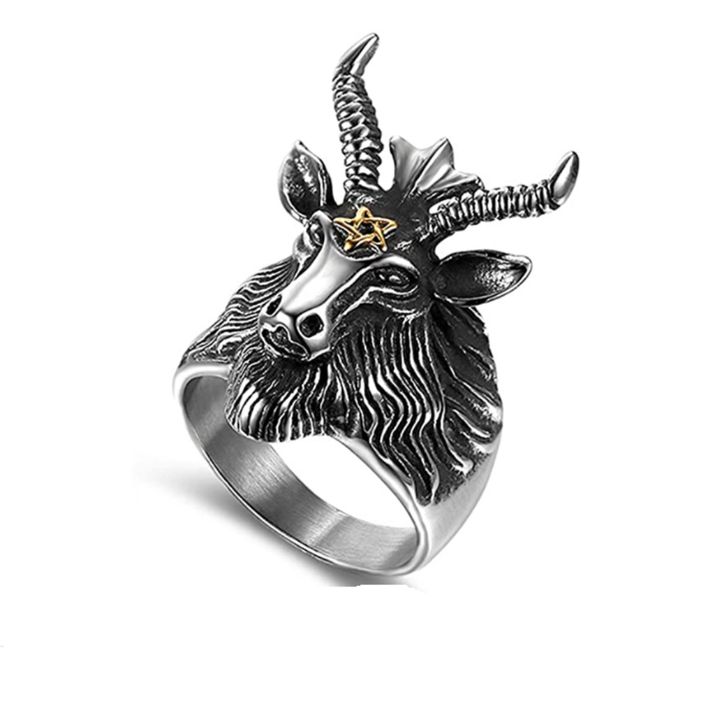 亚马逊跨境热销欧美经典复古不锈钢镀金撒旦羊头戒指