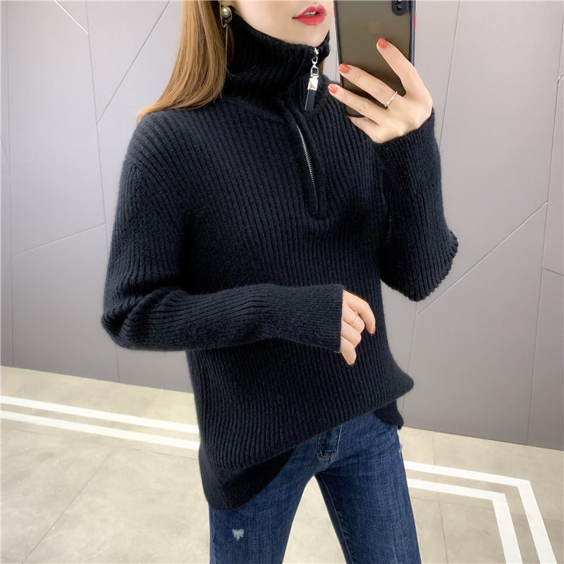 秋冬加厚韩版复古拉链半开大翻领毛衣女洋气套头针织衫宽松外套潮