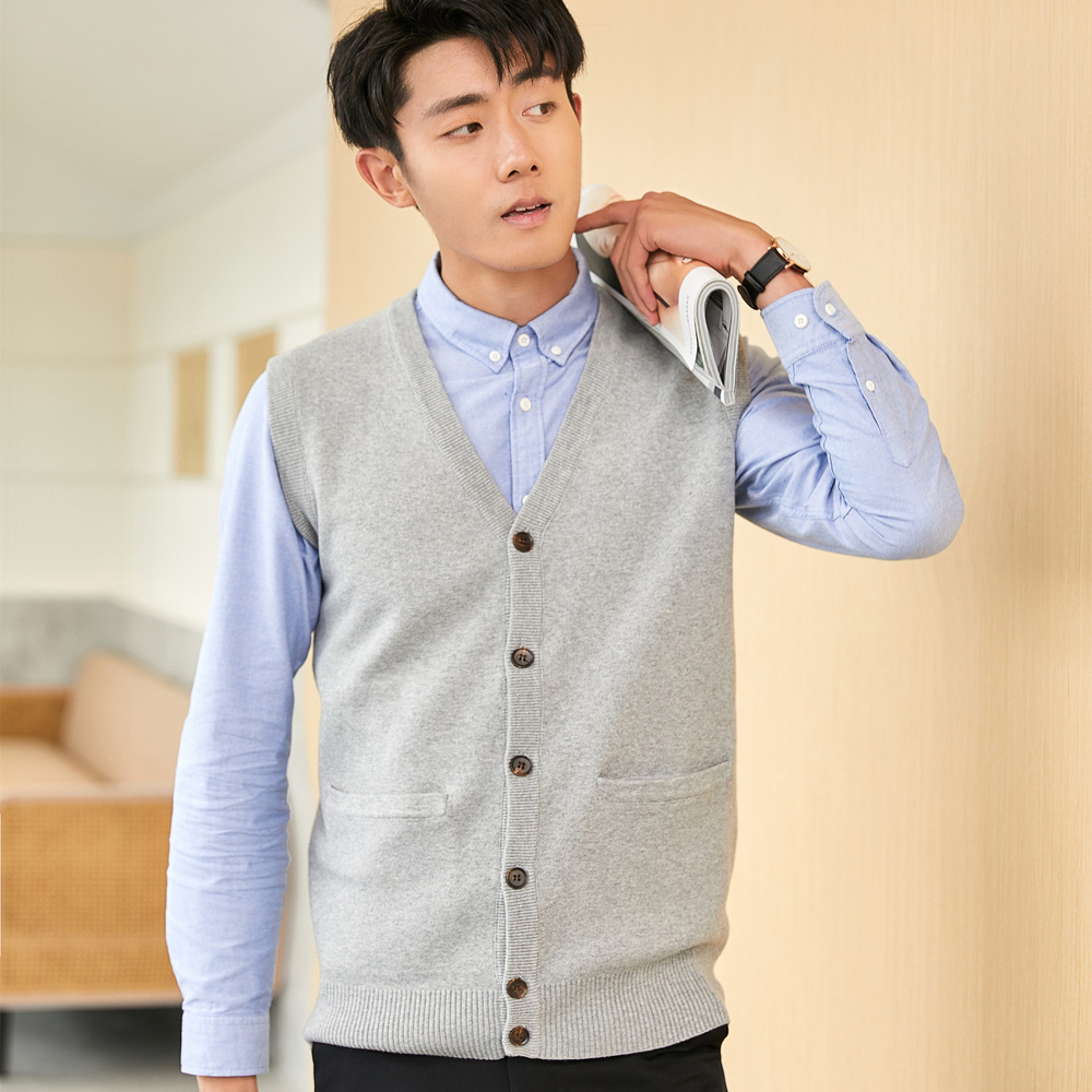腈棉精纺纱 双层加厚针织开衫马甲背心男v领无袖毛衣外套毛线坎肩