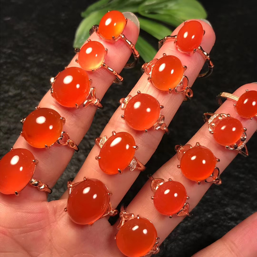 批发批发保山南红玛瑙冰红戒指 红润高冰起荧光 925银镀玫瑰金色