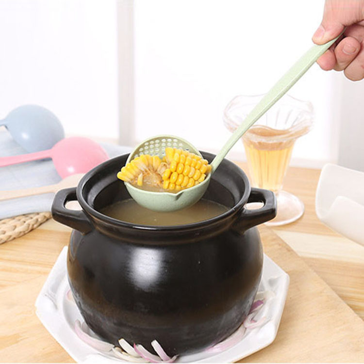 Wheat Straw Two-in-One Household Kitchen Soup Spoon Long Handle Plastic Colander Filter Tableware Hot Pot Spoon Strainer Spoon