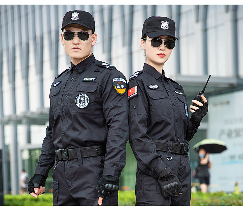 黑色春秋款特勤作训服套装 长袖劳保工作制服 耐磨透气物业保安服