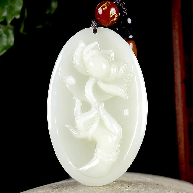 玉石新疆和田玉玉器工艺品拈花观音问佛手莲花吊坠儿玉石项链挂饰