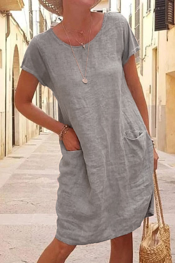 2022ebay Independent Station Wish New Summer Loose Solid Color Pocket Short Sleeve round Neck Cotton and Linen Dress Women's Clothing