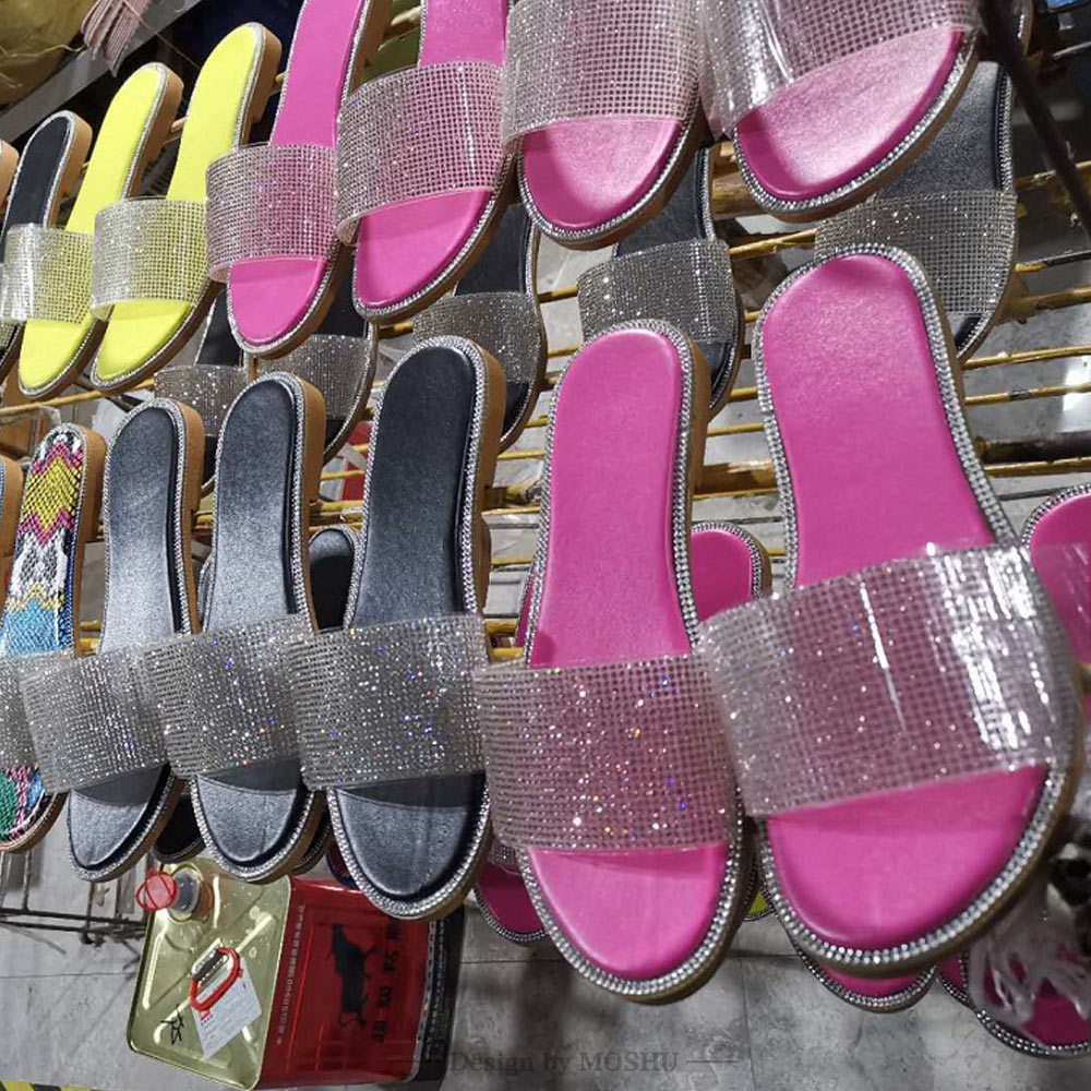 2019wish镶钻拖鞋女鞋水钻平底凉鞋 shoes 9070 外贸现货