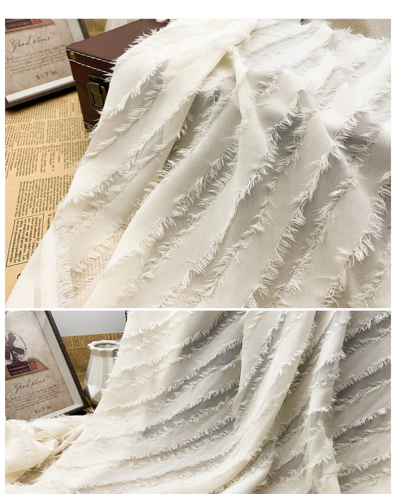 雪纺剪花流苏提花面料斜条纹半透春夏新款布料女装衬衣连衣裙布料