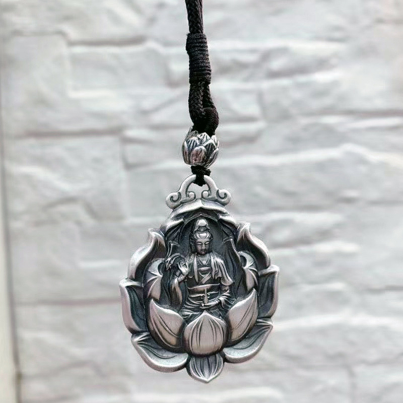 银饰品足银莲花观世音菩萨项链毛衣链吊坠锁骨链挂件挂坠潮人配饰