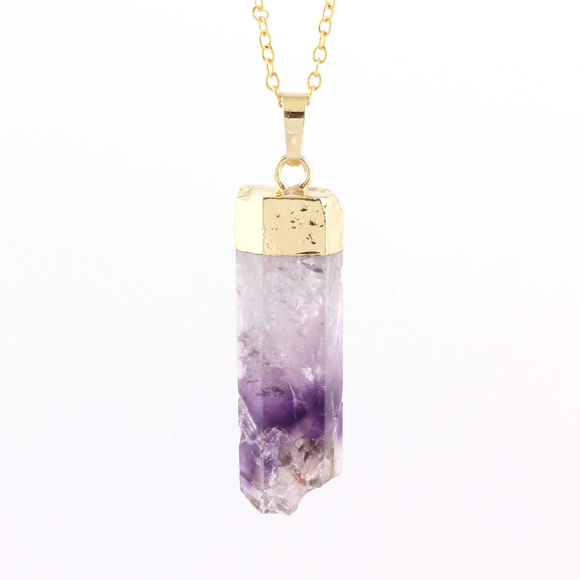 天然紫晶六棱柱吊坠项链 梦幻紫晶能量柱矿石风水饰品 外贸货源