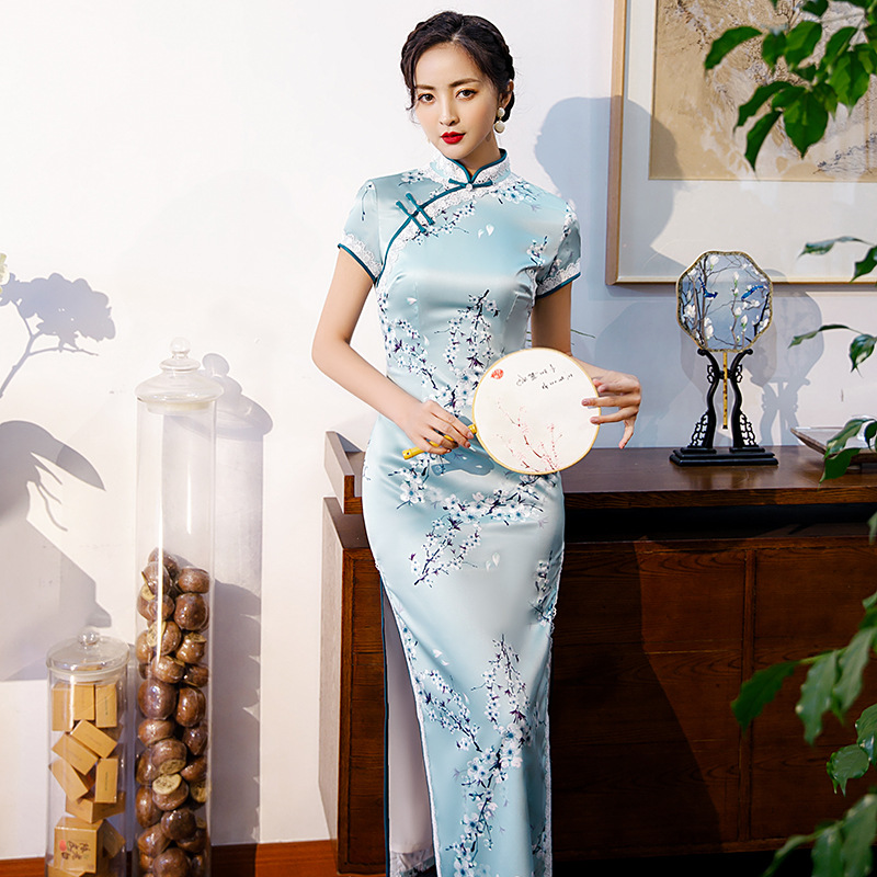 2020眷眸新款长款蕾丝边改良丝绸旗袍女连衣裙双层复古优雅中国风