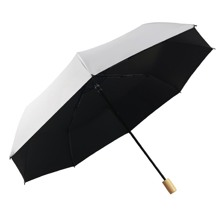 Three-Fold Black Glue Rain and Rain Dual-Use Sun Umbrella Uv Protection Advertising Umbrella Wooden Handle Business Mori Style Umbrella Can Be Customized Logo