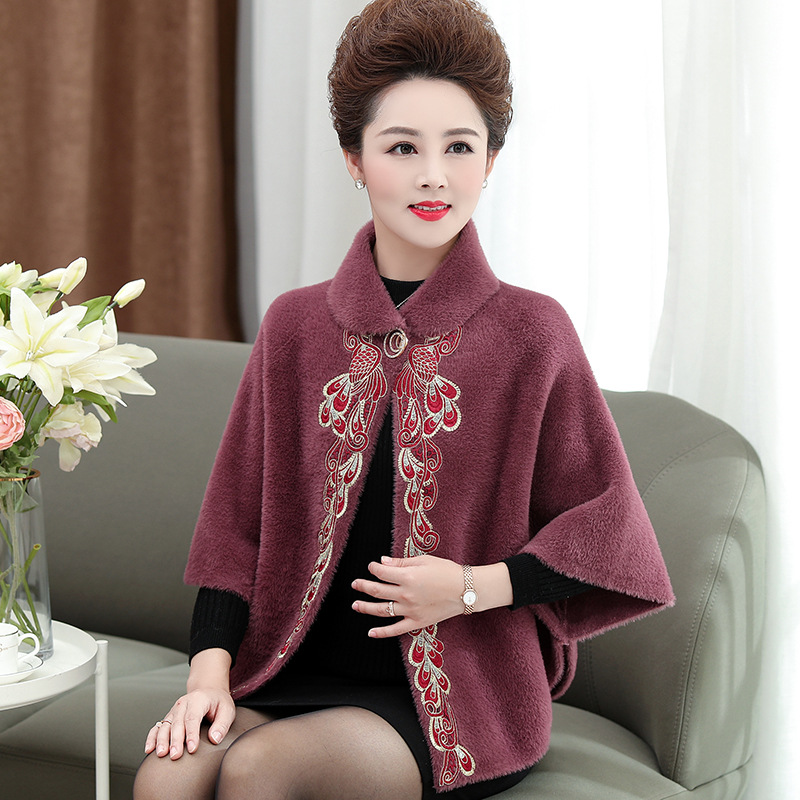 中老年女装秋冬短款披肩外套洋气妈妈装水貂绒开衫绣花红色婚庆服