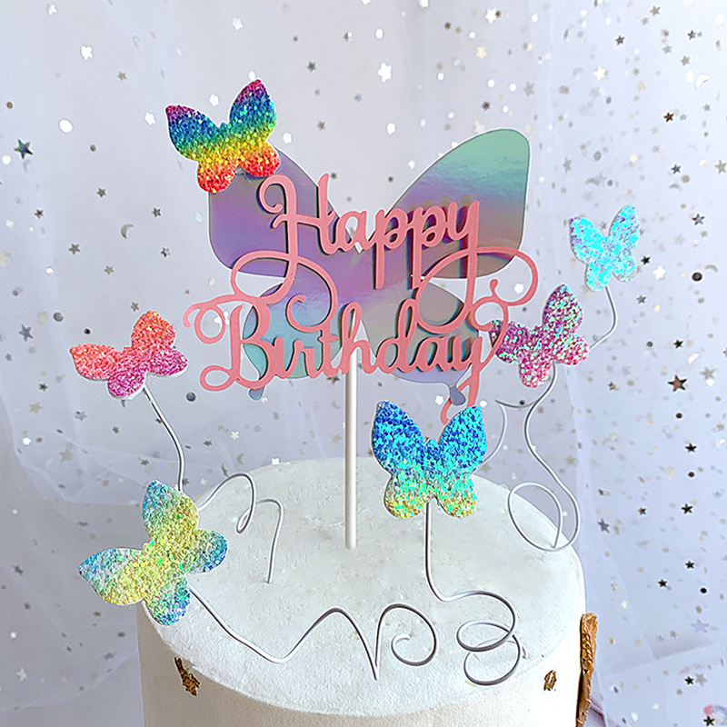 Creative Butterfly Cake Decoration Gradient Color Non-Woven Fabric Cake Inserting Card Dessert Table Happy Birthday Topper for Baking