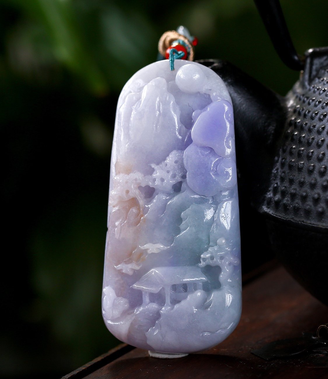 缅甸玉石a货翡翠紫罗兰春带彩山水牌吊坠手工雕刻全透光意境项链