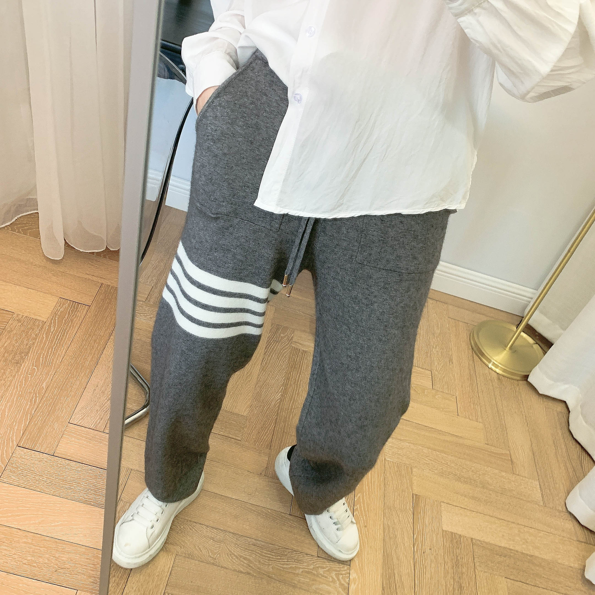 2020tb高腰长裤女针织裤灰色四杠宽松直筒ol休闲裤显瘦阔腿裤基础