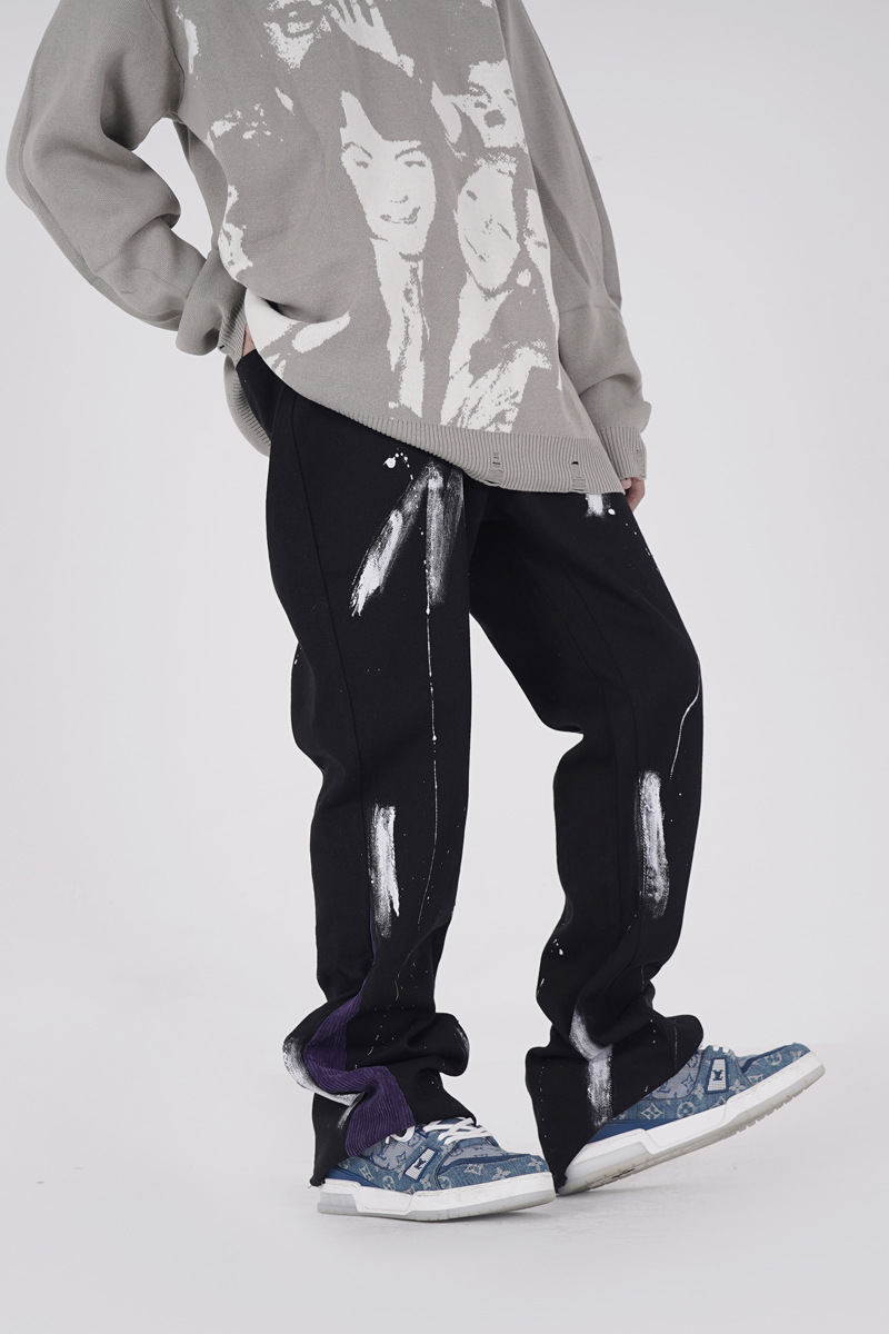 欧美高街油漆泼墨牛仔裤男潮牌街头潮流解构拼接休闲长裤微喇叭裤