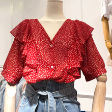 2024夏季新款女装V领波点短袖衬衫韩版宽松红色荷叶边衬衣上衣潮