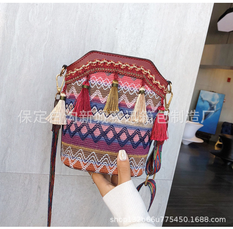 Tourism Scenic Spot Ethnic Style Small Bag Female 2023 New Woven Backpack Ribbon Bag Tassel Cross Body Bucket Bag