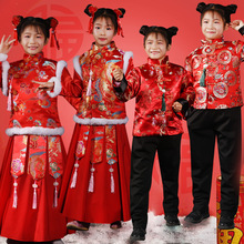 新款女男儿童款秋冬加棉儿童过年喜庆服装女孩中国风唐装礼服加厚