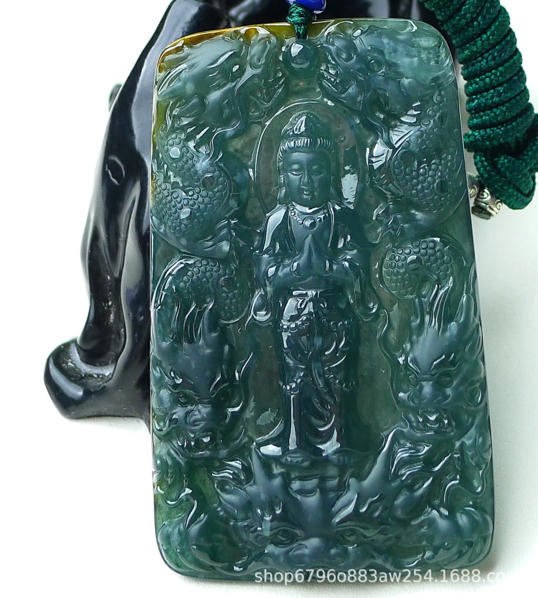 翡翠a货玉坠 精雕 磨砂立体挂件 蓝水九龙观音菩萨翡翠吊坠45.