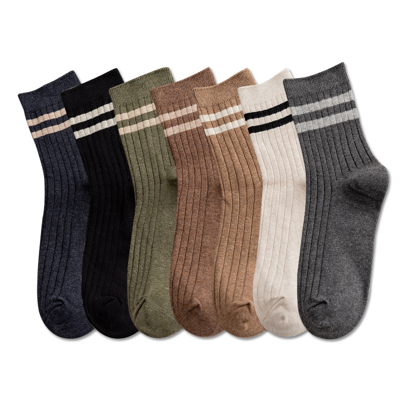 autumn and winter men‘s mid-calf socks all-match drawstring men‘s socks classic two bars college style breathable cotton socks factory spot wholesale