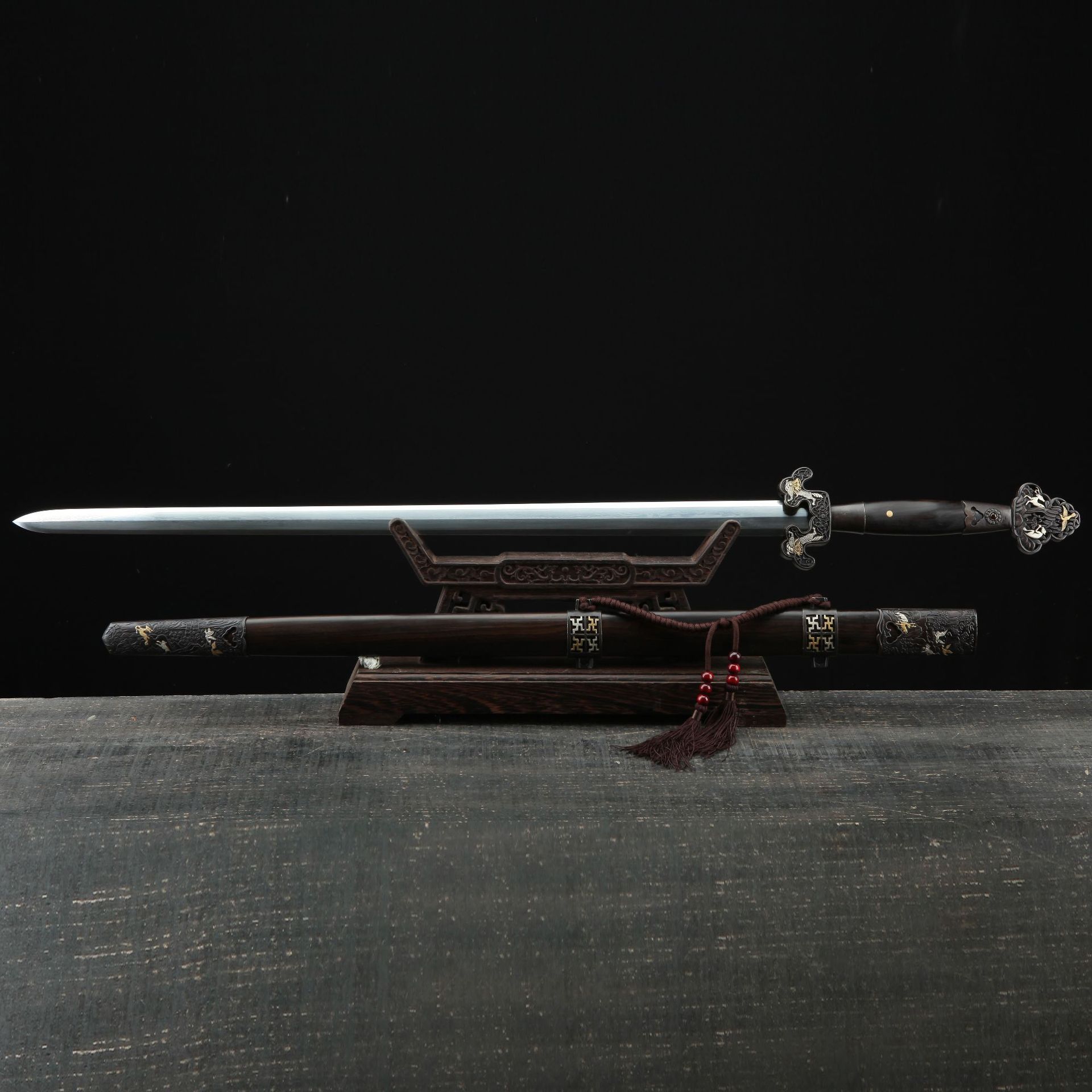 龙泉刀剑鬼手作手工锻打镇宅宝剑防身一体花纹钢清剑冷兵器未开刃