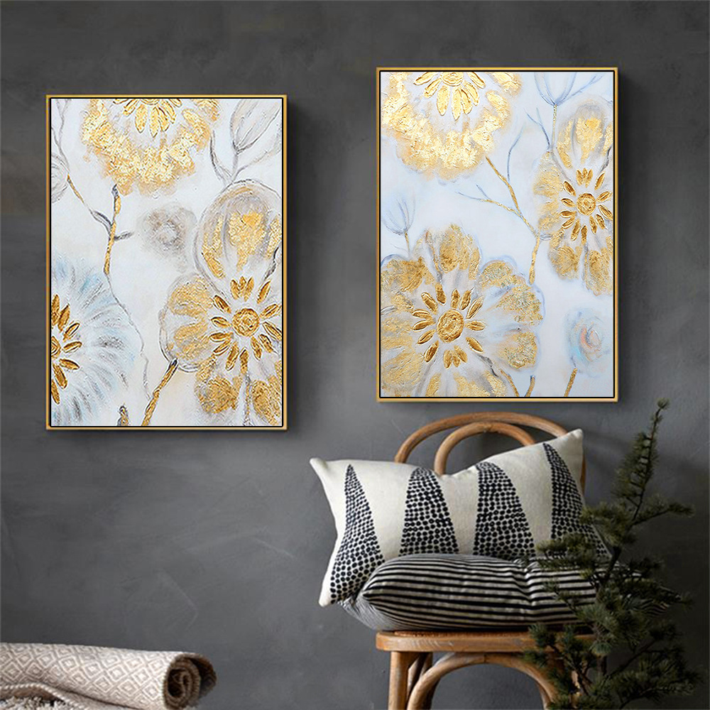 纯手绘抽象油画玄关客厅装饰画现代简约美式轻奢金箔挂画金枝玉叶