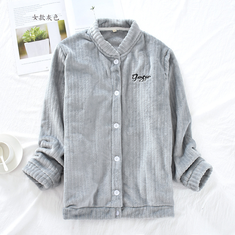 情侣款男士女士法兰绒珊瑚绒开衫款护颈家居服单上衣睡衣保暖秋冬