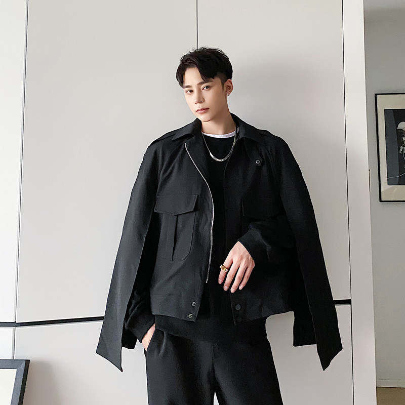 设计感镂空开衩袖短款工装夹克男披风短外套斗篷防风衣风褛凹造型