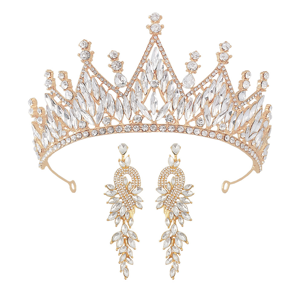 新款白水晶头饰婚纱配饰新娘王冠欧美高档巴洛克公主皇冠赠送耳环