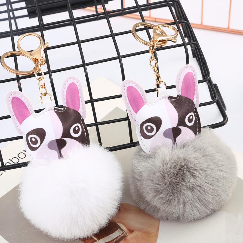 New Cute Puppy Fur Ball Keychain Bag Ornaments PU Leather Bulldog Keychain Pendant Factory Outlet