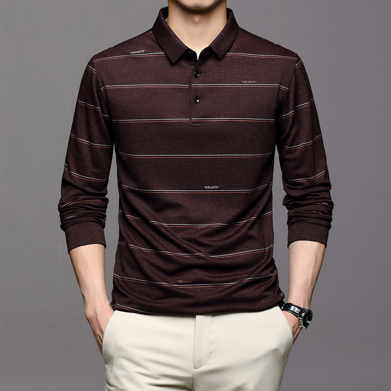 花公子长袖t恤男士2020年春秋新款中年修身条纹翻领打底polo衫男