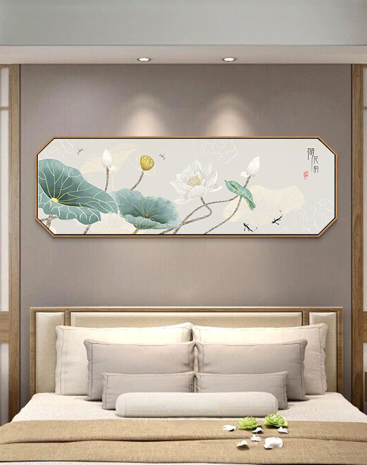 八边形中式荷花床头挂画沙发背景墙 挂画酒店样板间壁画 支持定制