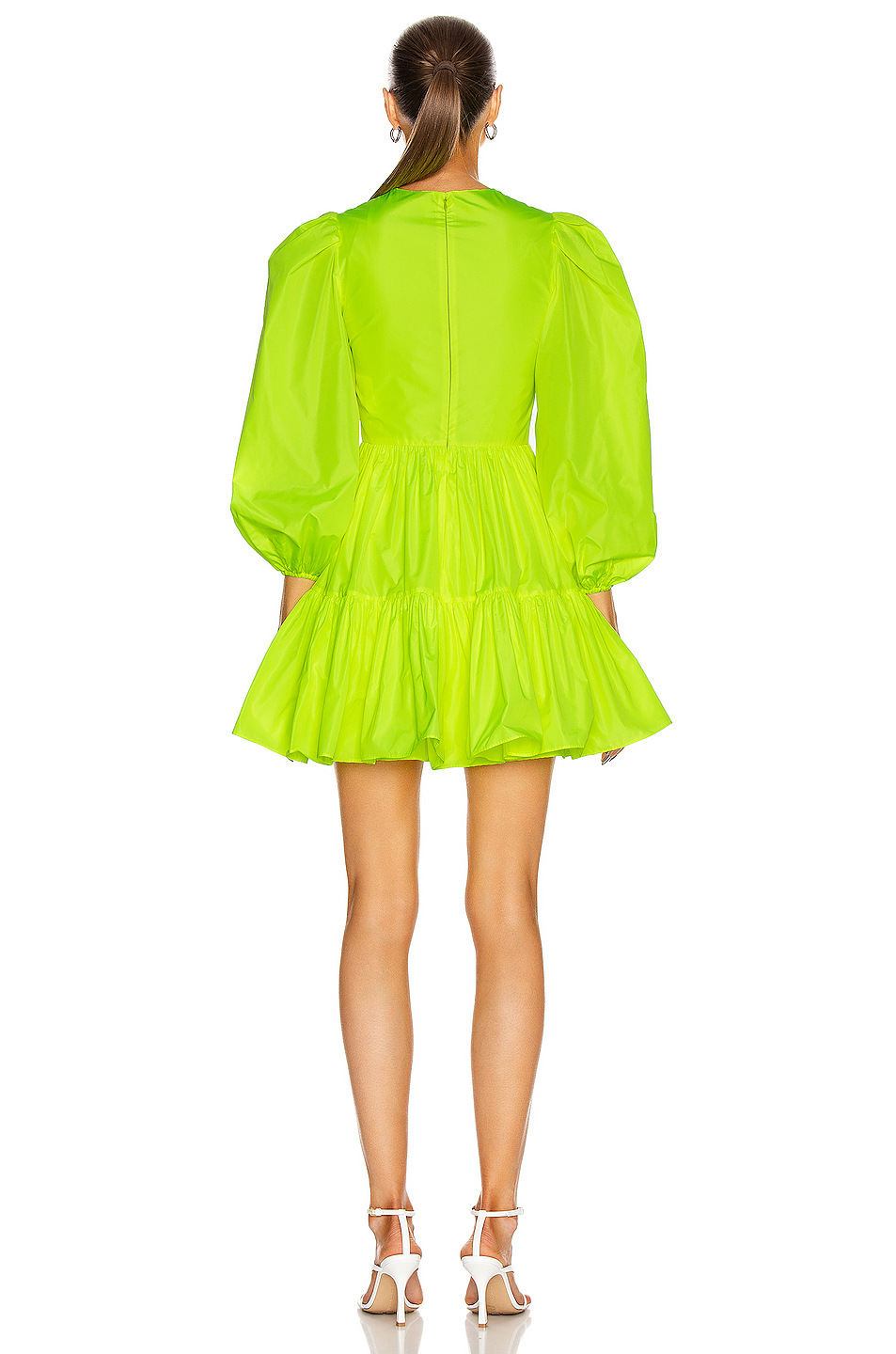 丽朵服饰高级定制2020夏新品清新亮丽荧光绿灯笼袖府绸百褶连衣裙