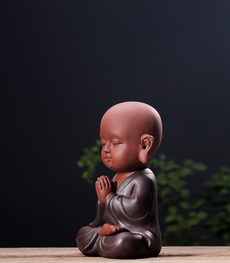 禅意紫砂祈福小和尚家居软装饰品中式玄关客厅佛堂大号小沙弥摆件