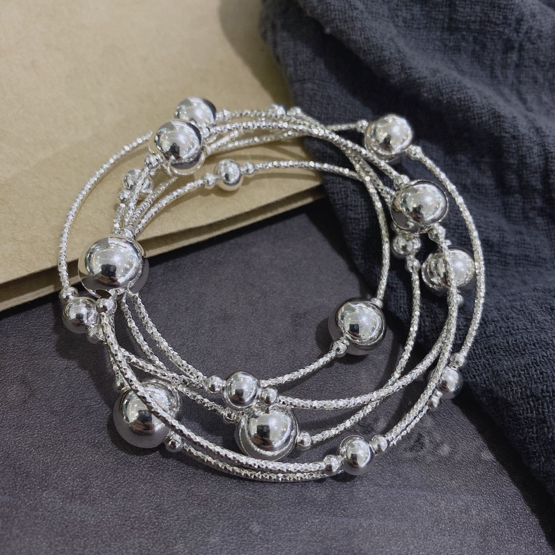 s925纯银车花弯管小球银珠子手链三圈银珠简约多圈原创diy串珠款