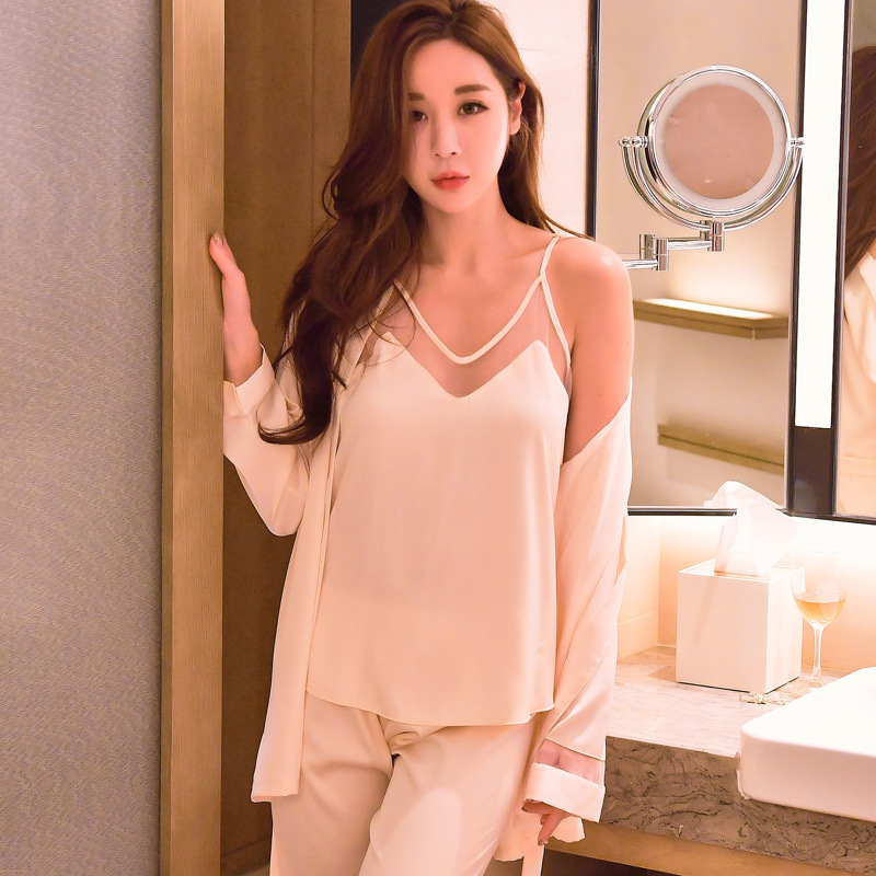 春秋性感睡衣女真丝吊带睡袍三件套夏季冰丝绸薄款长袖家居服套装