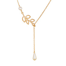 Necklace欧美风时尚个性树叶人造珍珠水滴十字架 锁骨链女批发