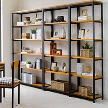 厂家直供 落地式实木书柜 铁艺实木置物架创意美式置物架
