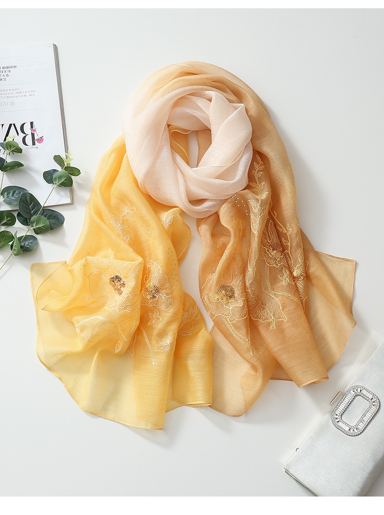 布塔女春秋季杭州桑蚕丝围巾刺绣花百搭长款羊毛混纺披肩pt20g539