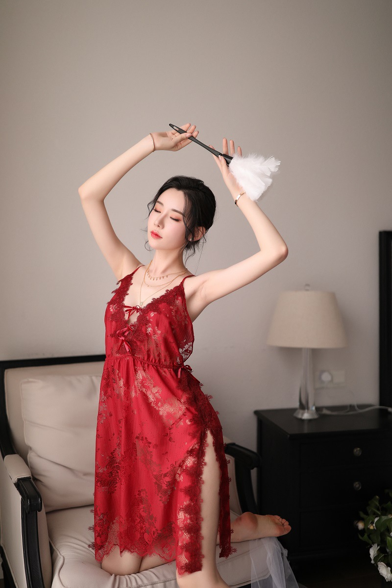 外贸高端蕾丝诱惑性感内衣侧开叉吊带睡裙女透明情趣内衣一件代发