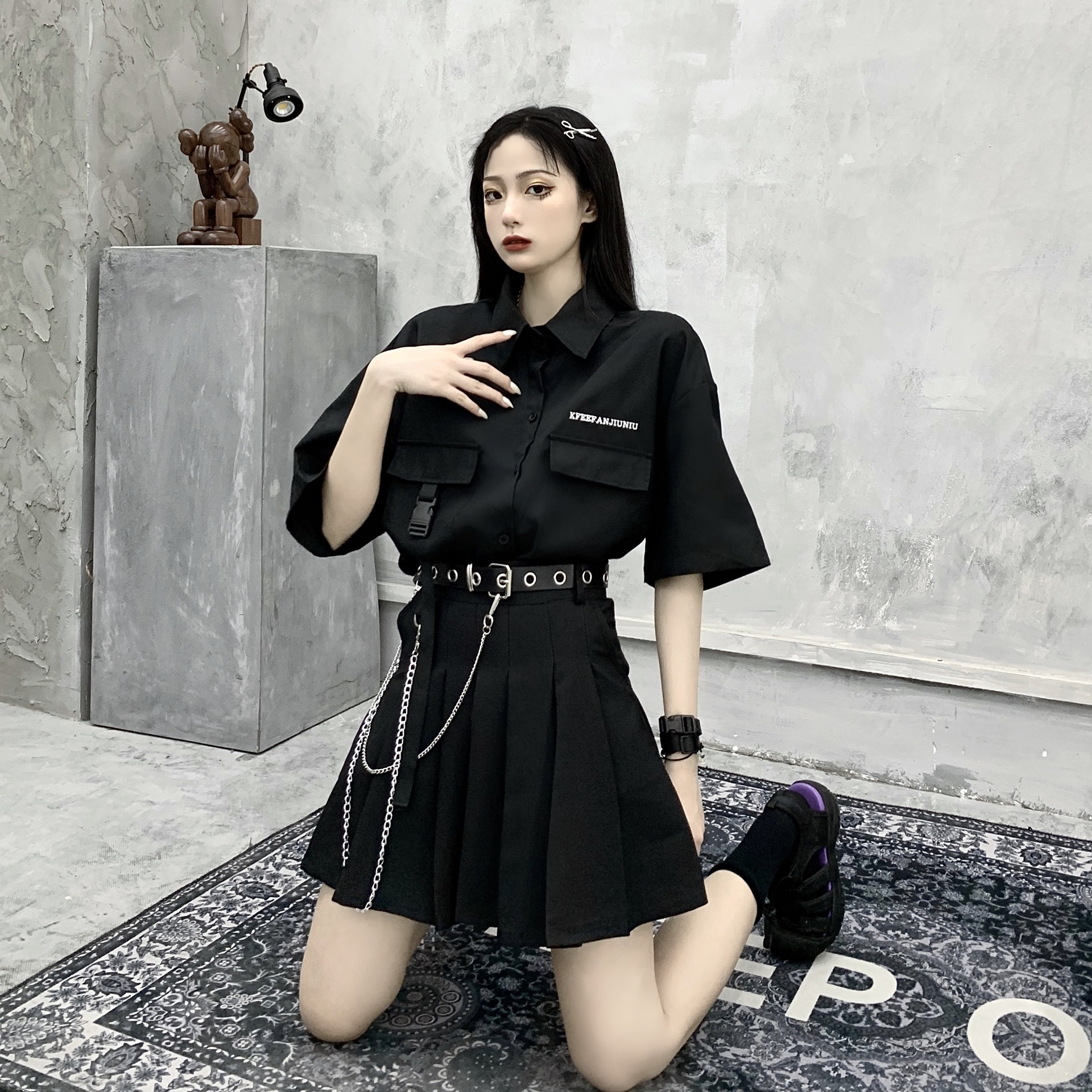 黑暗系朋克蹦迪女装连衣裙子工装套装女潮酷酷风格女孩穿搭帅气bf