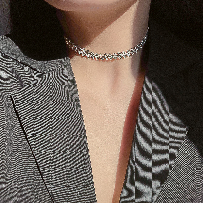 Light Luxury Full Diamond Necklace Choker Collar Japanese and Korean Internet Celebrity Personalized Clavicle Chain All-Match Trendy Necklace Fashion Necklace