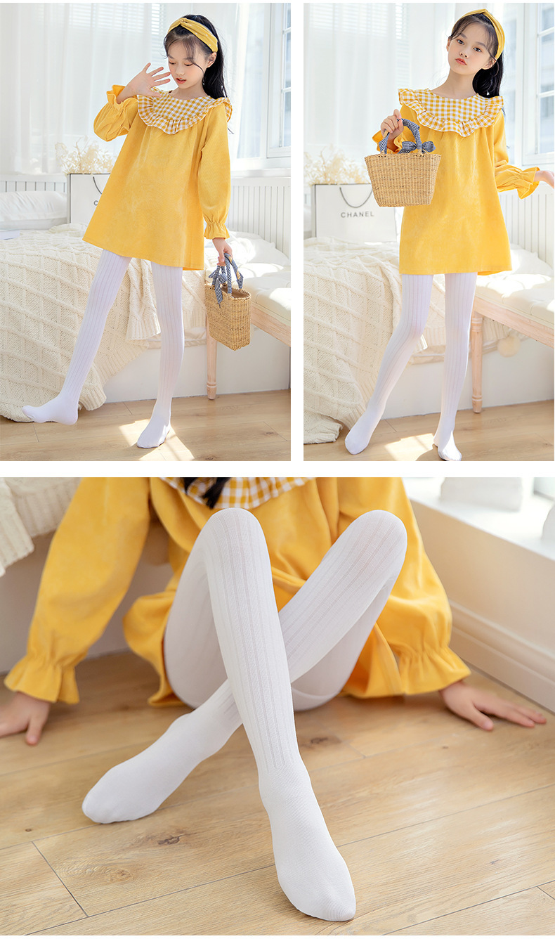 2020秋冬款儿童舞蹈袜白色脚底防滑女童连裤袜棉宽竖条宝宝打底裤