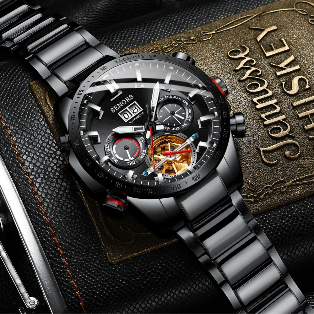 赛娜斯senors爆款不锈钢全自动机械表陀飞轮防水男士腕表sn200