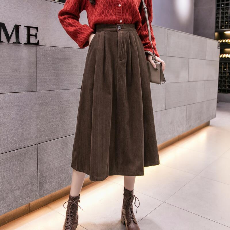 灯芯绒半身裙女秋冬高腰复古条绒大摆a字长裙中长款宽松蓬蓬伞裙