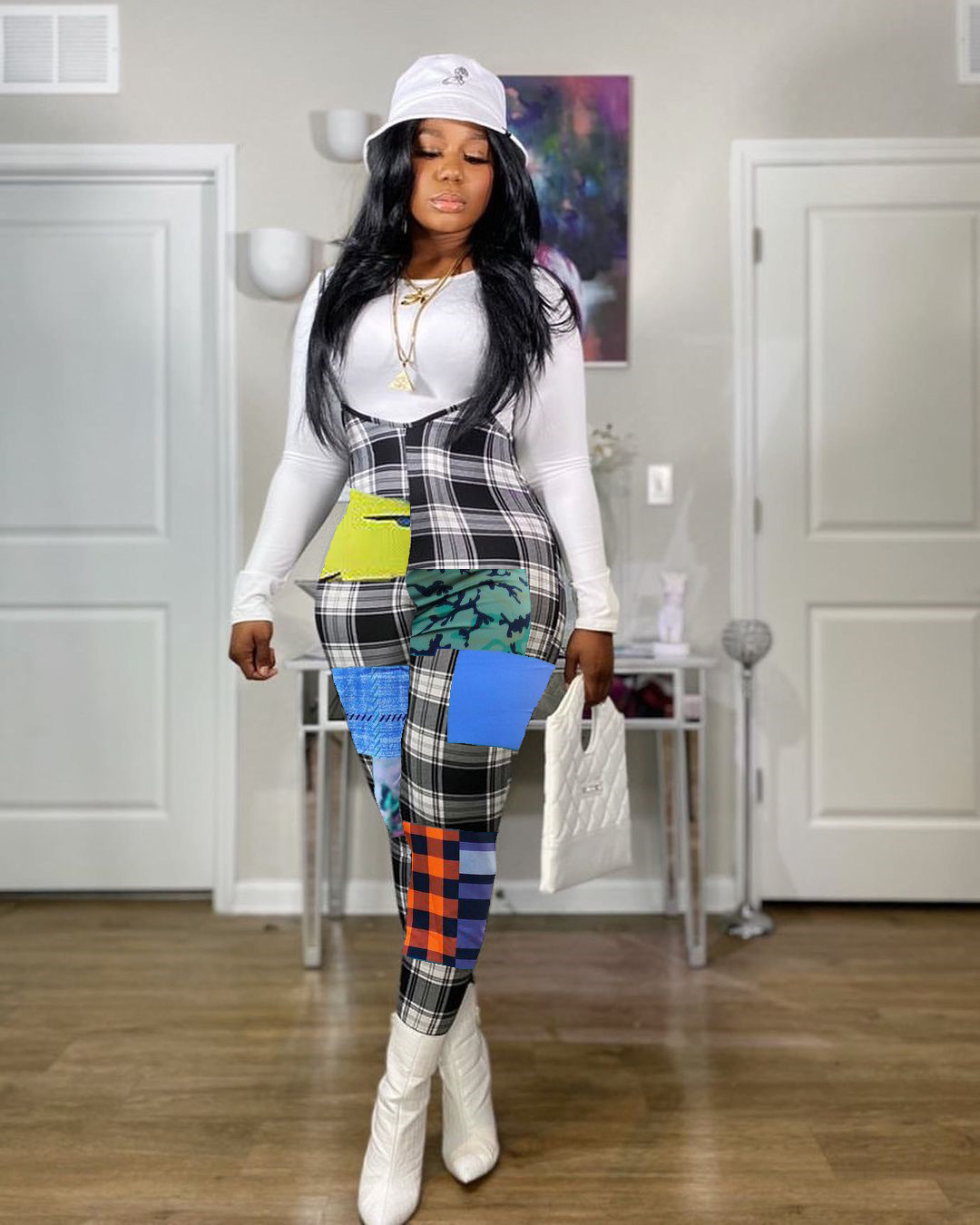 f7267 亚马逊wish热卖欧美女士时尚休闲网格印花吊带连体裤背带裤