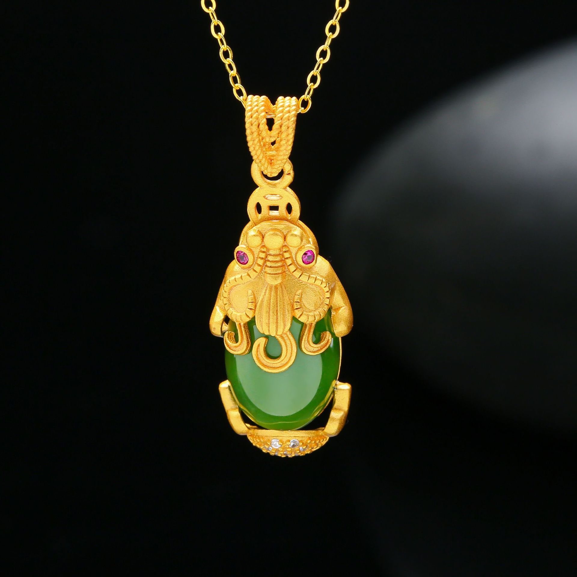 新款s925纯银镀古法金镶金币貔貅 招财进宝吊坠  支持一件代发