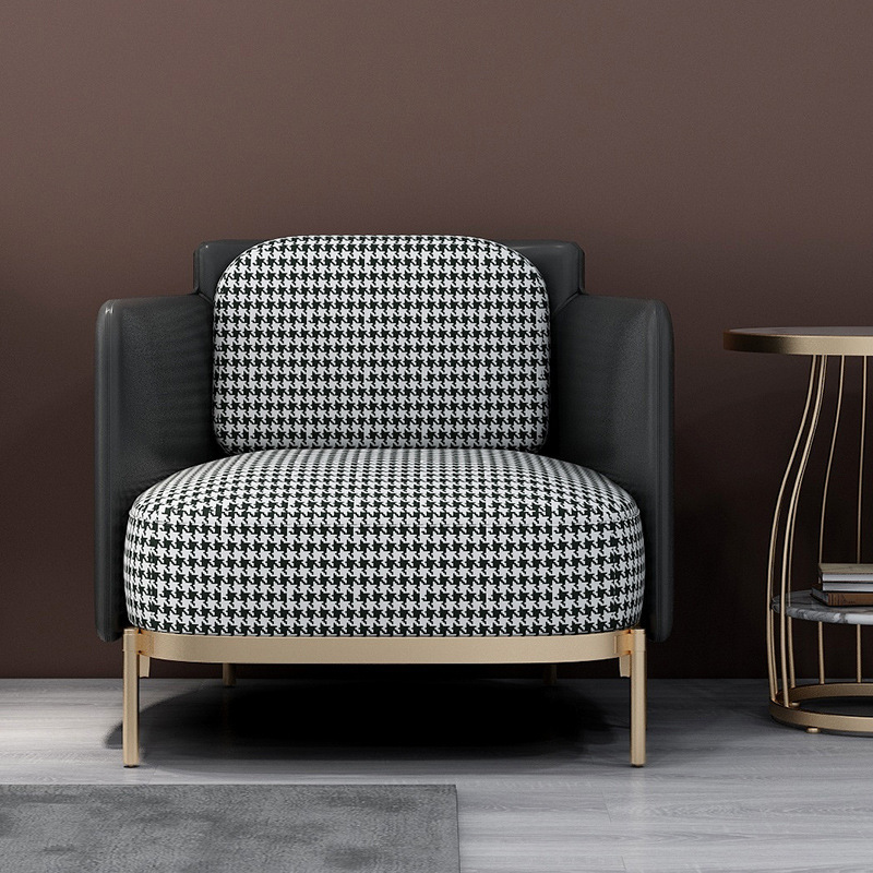 千鸟格单人小沙发客厅卧室小户型沙发椅现简约酒店客房休闲老虎椅