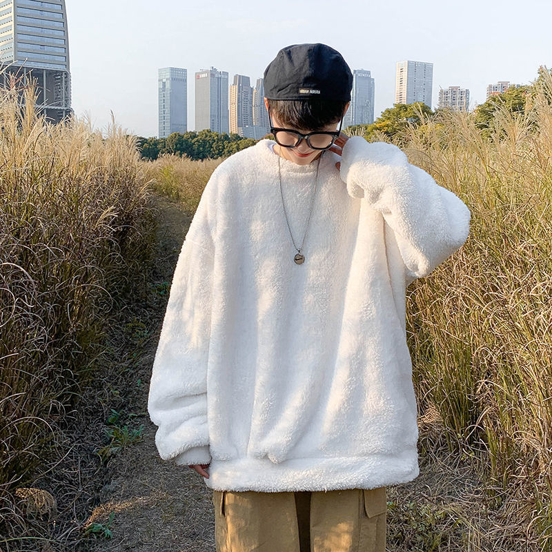 羊羔毛保暖毛衣男圆领宽松秋冬季上衣服潮流加绒加厚外套ins港风